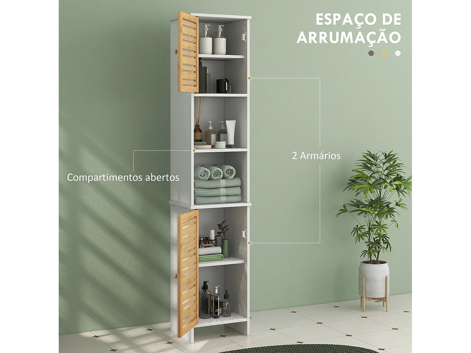 Coluna de Banho HOMCOM Moderna com Armários e Prateleiras Ajustáveis em Bambu - 35x30x170 cm