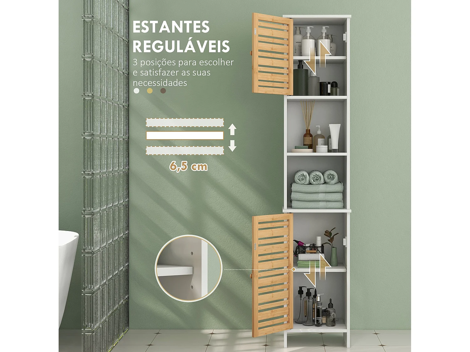 Coluna de Banho HOMCOM Moderna com Armários e Prateleiras Ajustáveis em Bambu - 35x30x170 cm