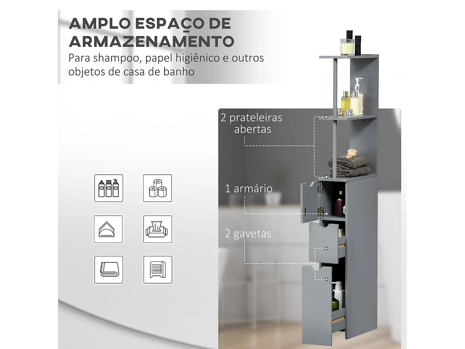 Armário Compacto de Banho HOMCOM com 2 Prateleiras e 2 Gavetas - Cinza Moderno