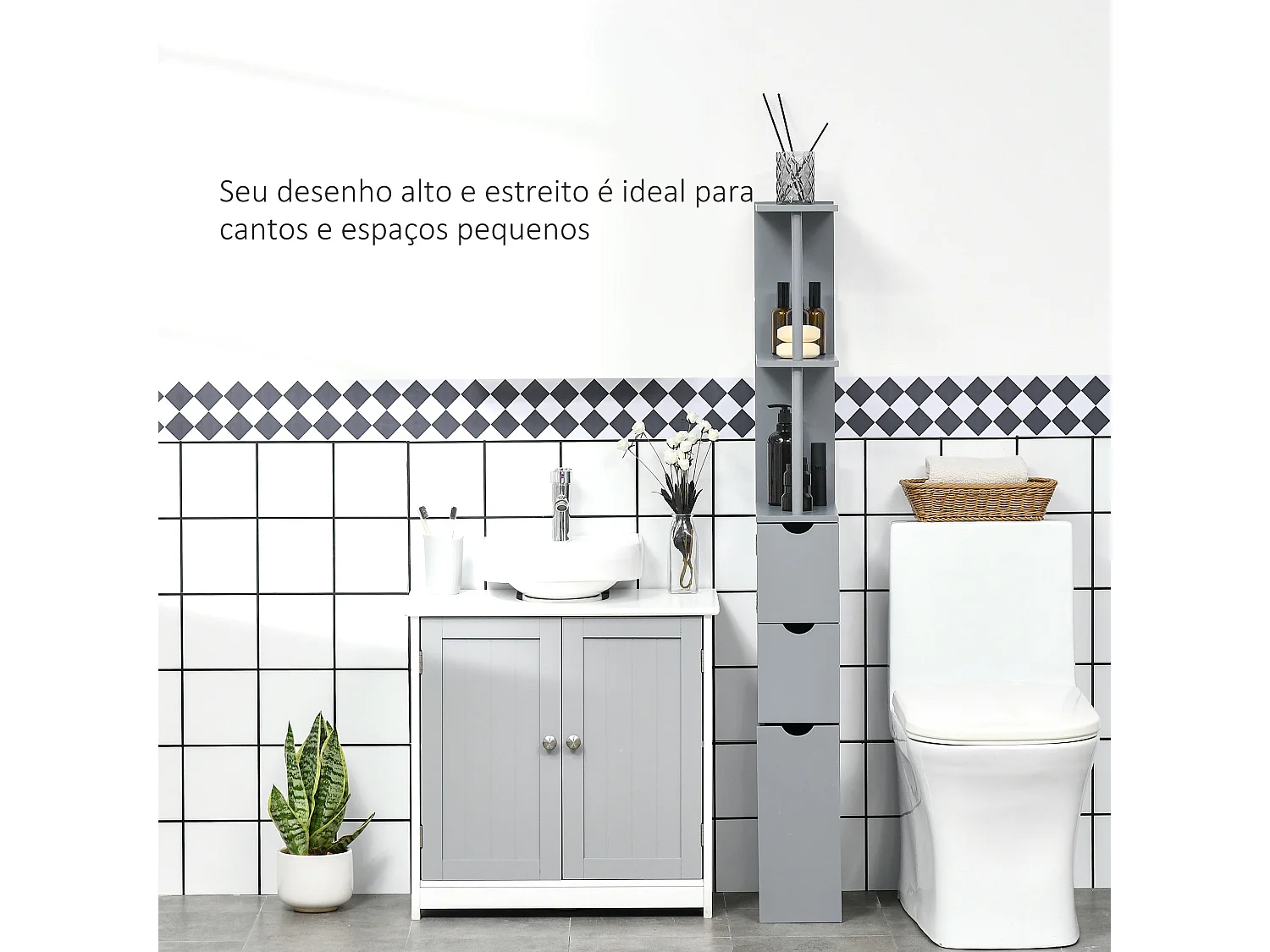 Armário Compacto de Banho HOMCOM com 2 Prateleiras e 2 Gavetas - Cinza Moderno