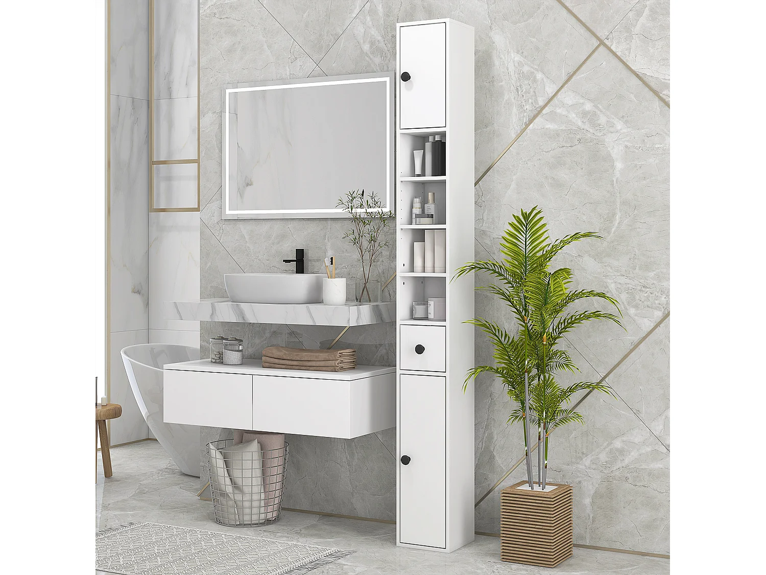 Armário de Banho Moderno Kleankin com 5 Prateleiras Ajustáveis e 1 Gaveta - Espaço de Armazenamento Branco