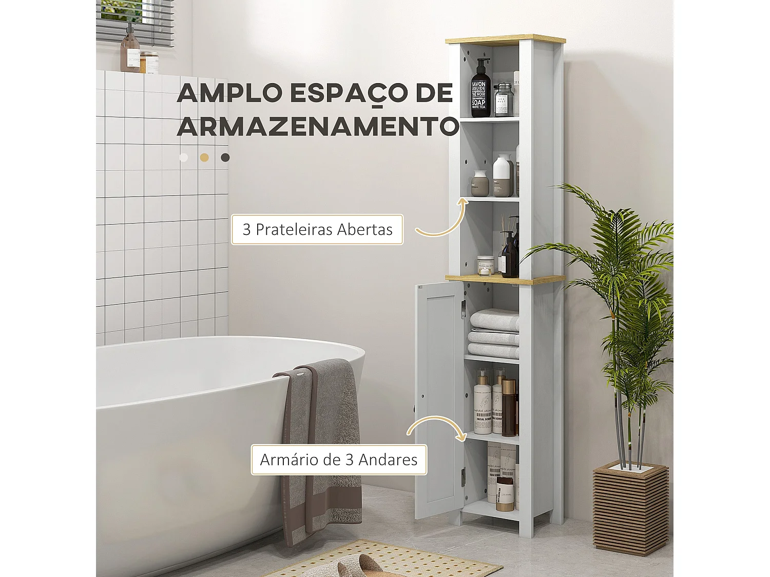 Columna de baño Monte Kleankin con puerta y 3 estantes blanco/natural 165x34x23 cm