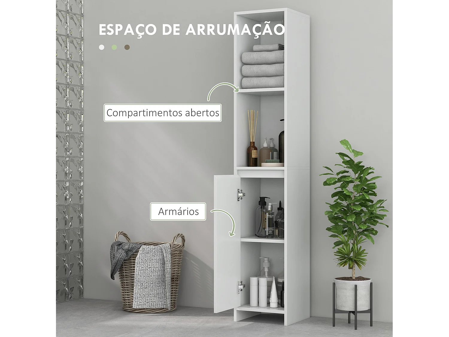 Armário Alto de Banho HOMCOM com 2 Prateleiras Abertas e Anti-Tombo em Branco - 30x30x160 cm