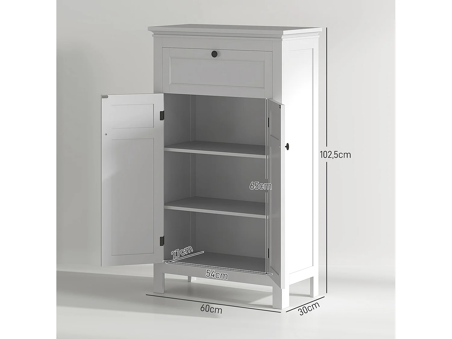 Armário de Banho HOMCOM Moderno com Gaveta e Prateleiras Ajustáveis - 60x30x102,5 cm Branco