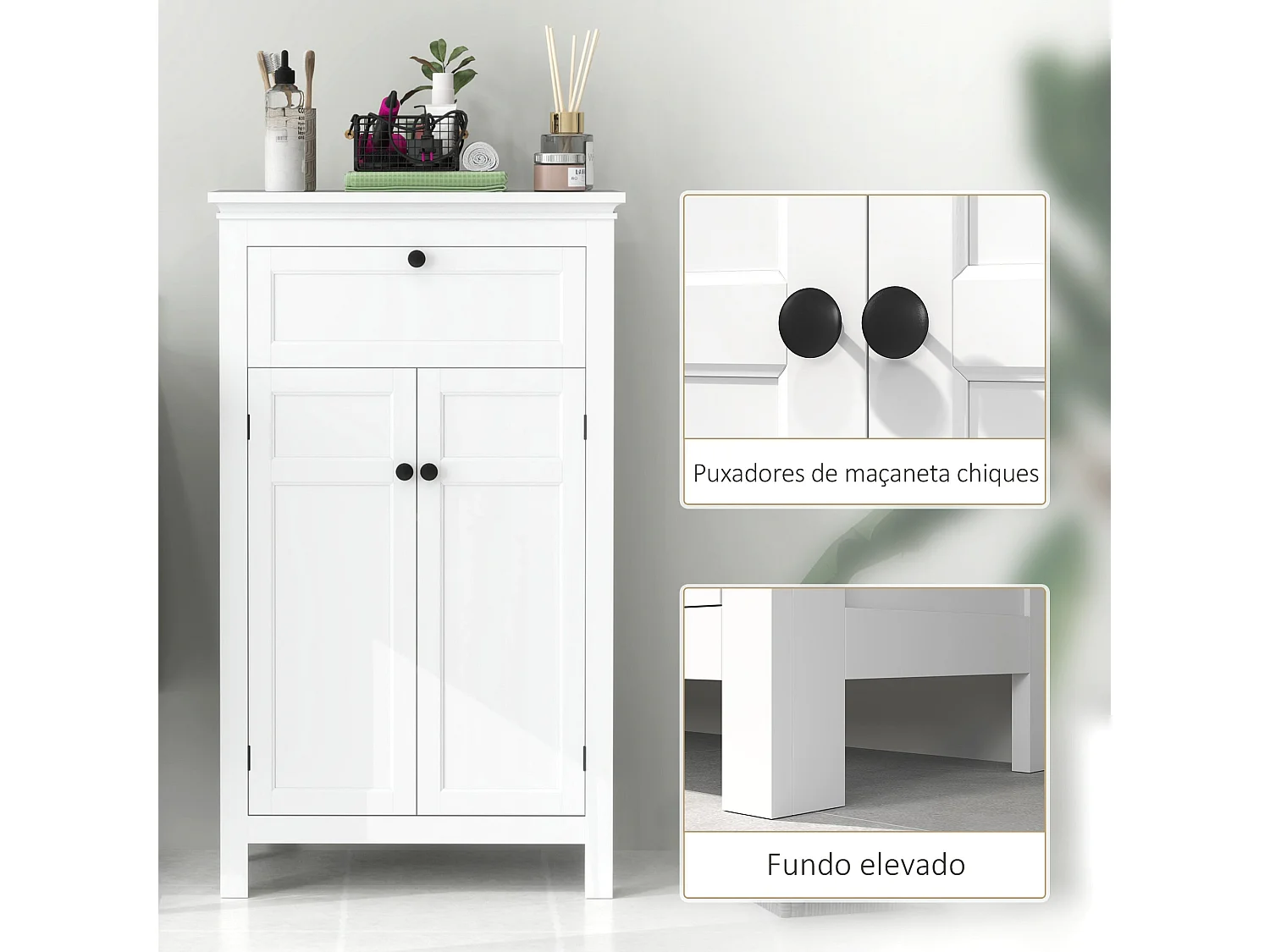 Armário de Banho HOMCOM Moderno com Gaveta e Prateleiras Ajustáveis - 60x30x102,5 cm Branco