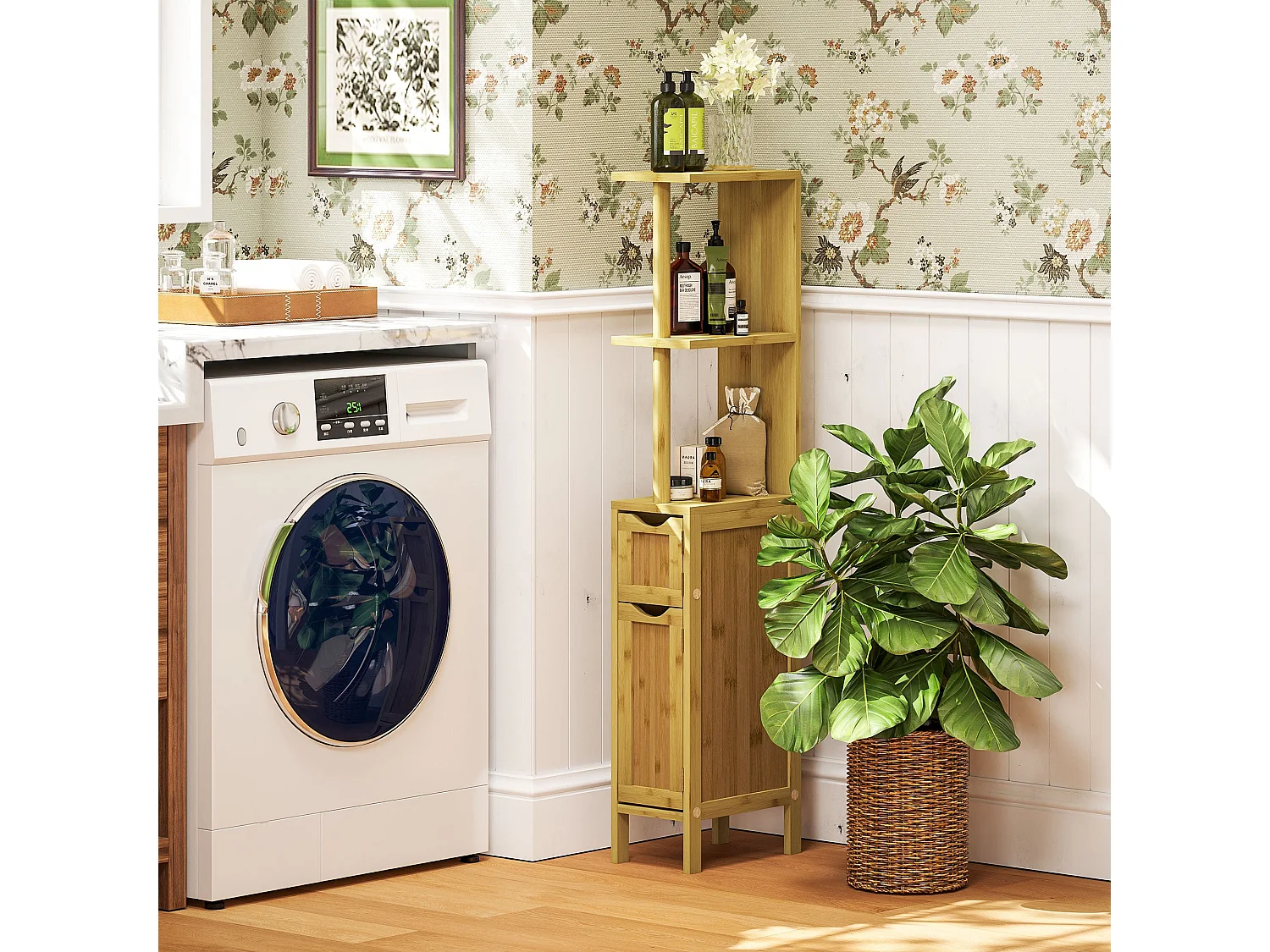 Mueble auxiliar Dhea Homcom 2 armarios + 2 estantes natural 120x18x30 cm