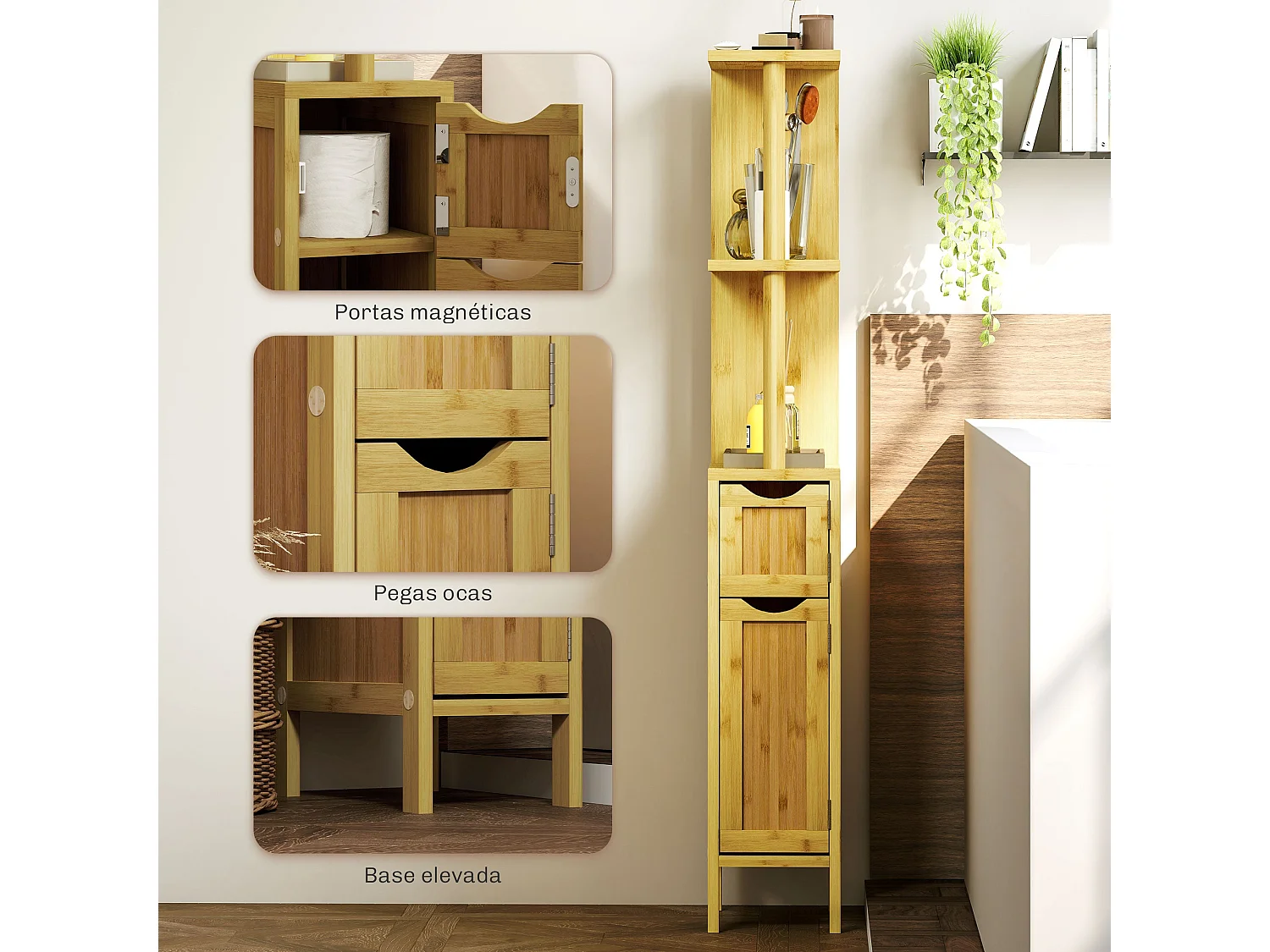 Mueble auxiliar Dhea Homcom 2 armarios + 2 estantes natural 120x18x30 cm