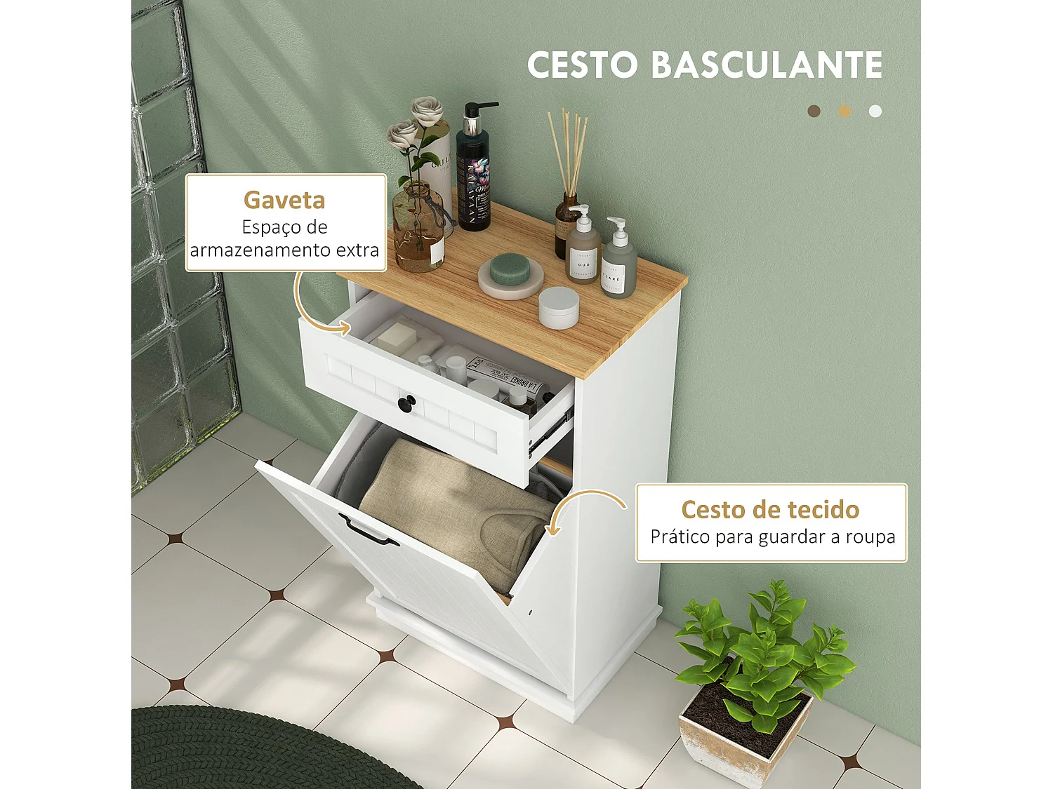 Armário Auxiliar Moderno para Casa de Banho com Gaveta e Cesto para Roupa - 52x33x90 cm - Branco