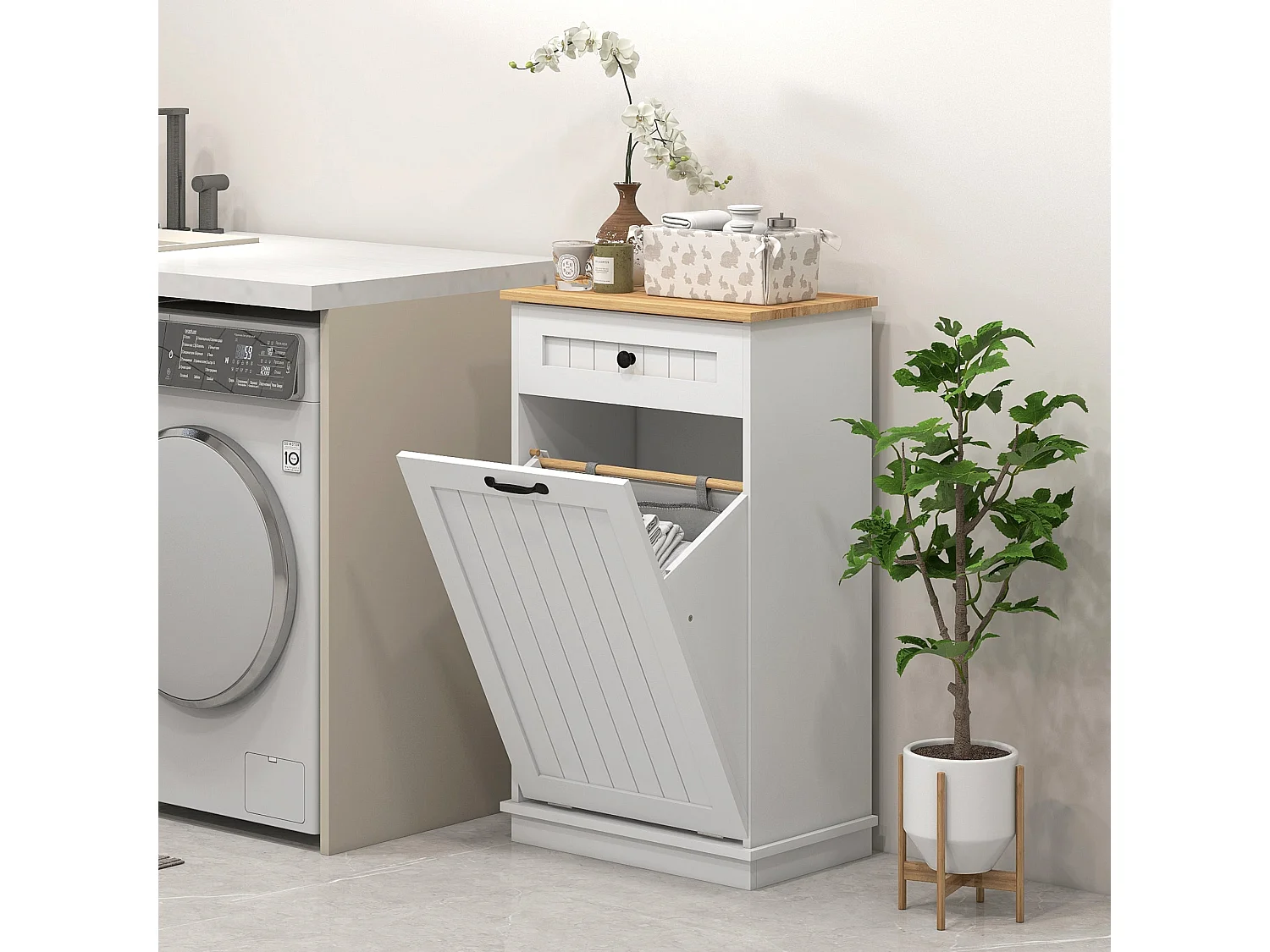 Armário Auxiliar Moderno para Casa de Banho com Gaveta e Cesto para Roupa - 52x33x90 cm - Branco