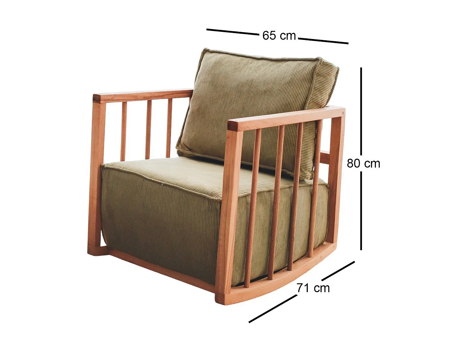 Eleganter Sessel, Khaki, 65 x 80 x 71 cm | 100 % Holzrahmen, Babyface-Stoff | Bequeme Sitzfläche mit 56 cm Tiefe | Perfekt für Kinder