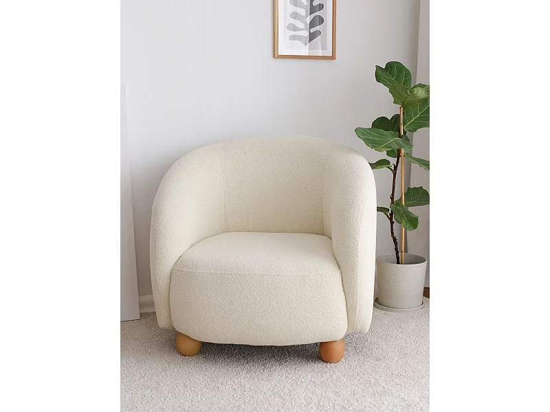 Eleganter weißer Sessel, 82 x 80 x 77 cm | Rahmen aus 100 % Karpfenholz, Stoff aus 100 % Teddy | Perfekt für Wohnzimmer und gemütliche Räume