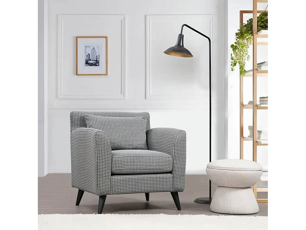 Sillón orejero elegante, blanco y negro, 82 x 75 x 83 cm | Estructura de madera de haya y aglomerado, 100 % poliéster, cojines portátiles |