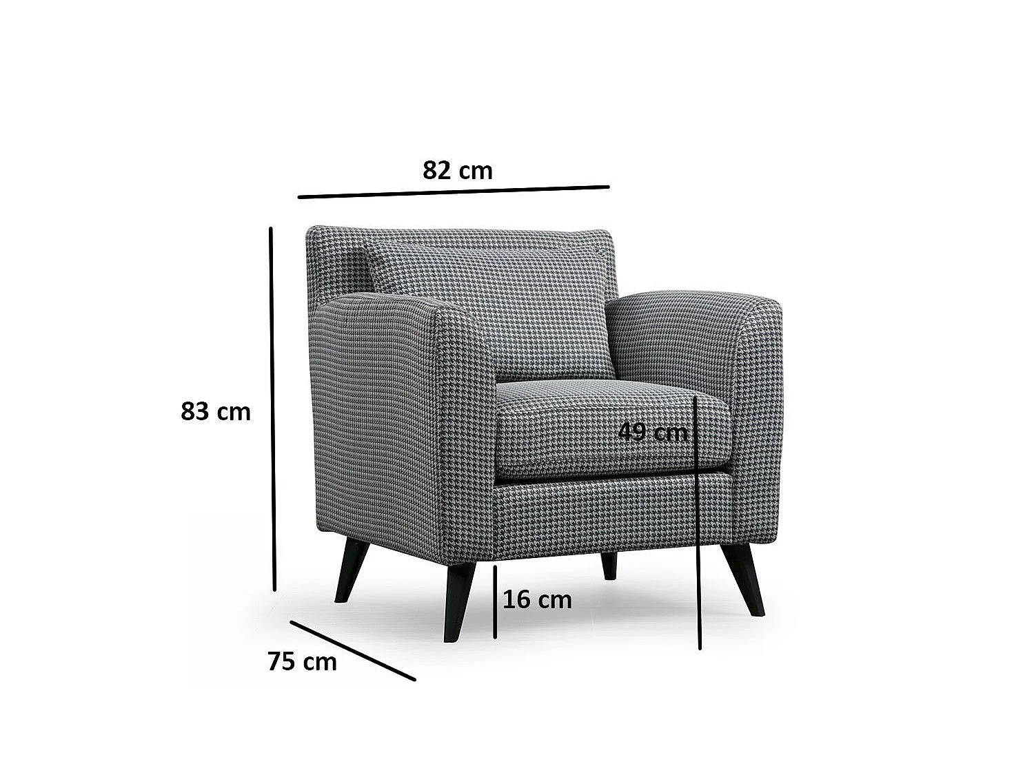 Sillón orejero elegante, blanco y negro, 82 x 75 x 83 cm | Estructura de madera de haya y aglomerado, 100 % poliéster, cojines portátiles |