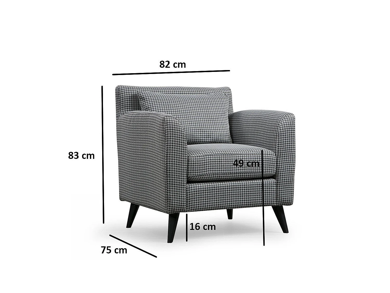 Sillón orejero elegante, blanco y negro, 82 x 75 x 83 cm | Estructura de madera de haya y aglomerado, 100 % poliéster, cojines portátiles |