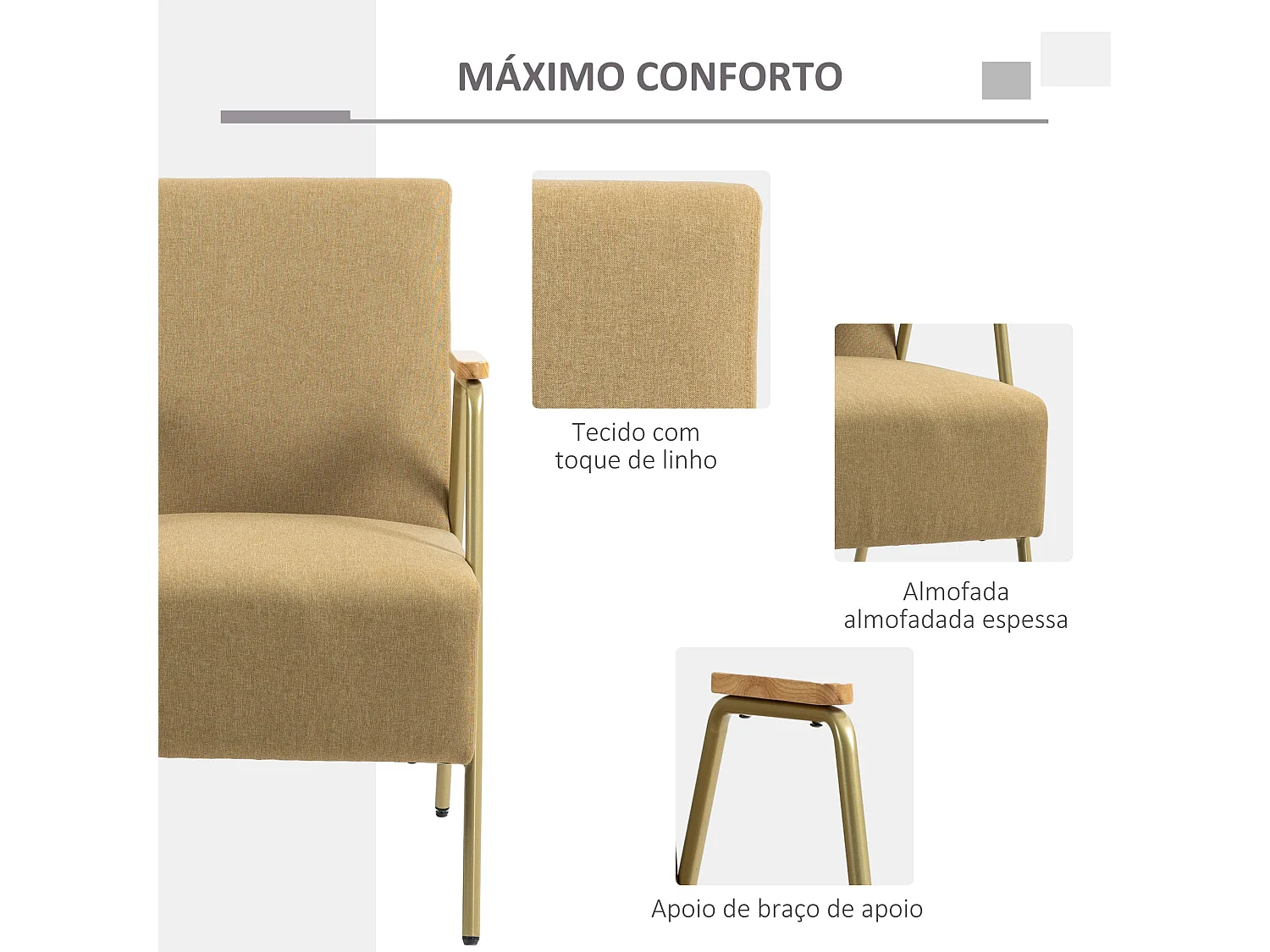 Poltrona Bella com Apoio de Braços em Aço Dourado - Estilo Moderno e Confortável - 62x81x92 cm - Cor Castanho