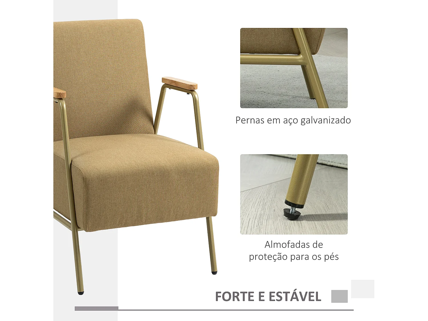 Poltrona Bella com Apoio de Braços em Aço Dourado - Estilo Moderno e Confortável - 62x81x92 cm - Cor Castanho