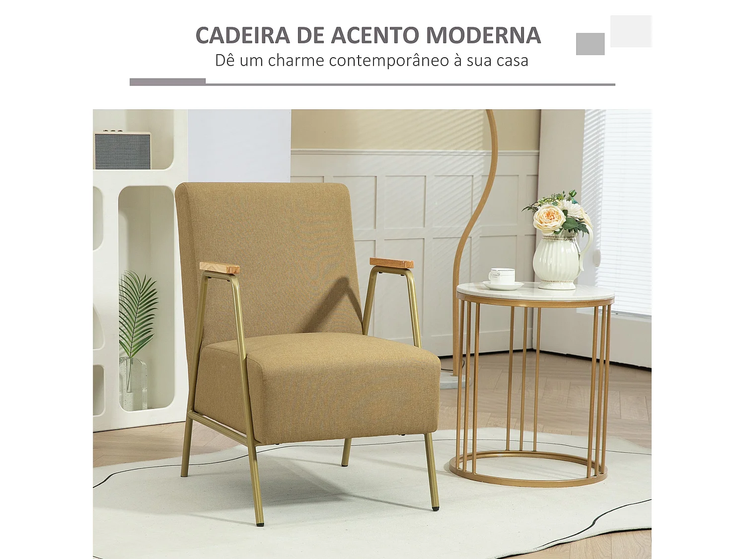 Poltrona Bella com Apoio de Braços em Aço Dourado - Estilo Moderno e Confortável - 62x81x92 cm - Cor Castanho