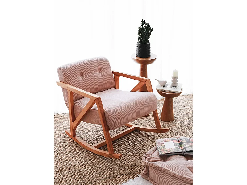 Fauteuil à bascule rembourré Auro Velours côtelé Rose poudré et Bois naturel