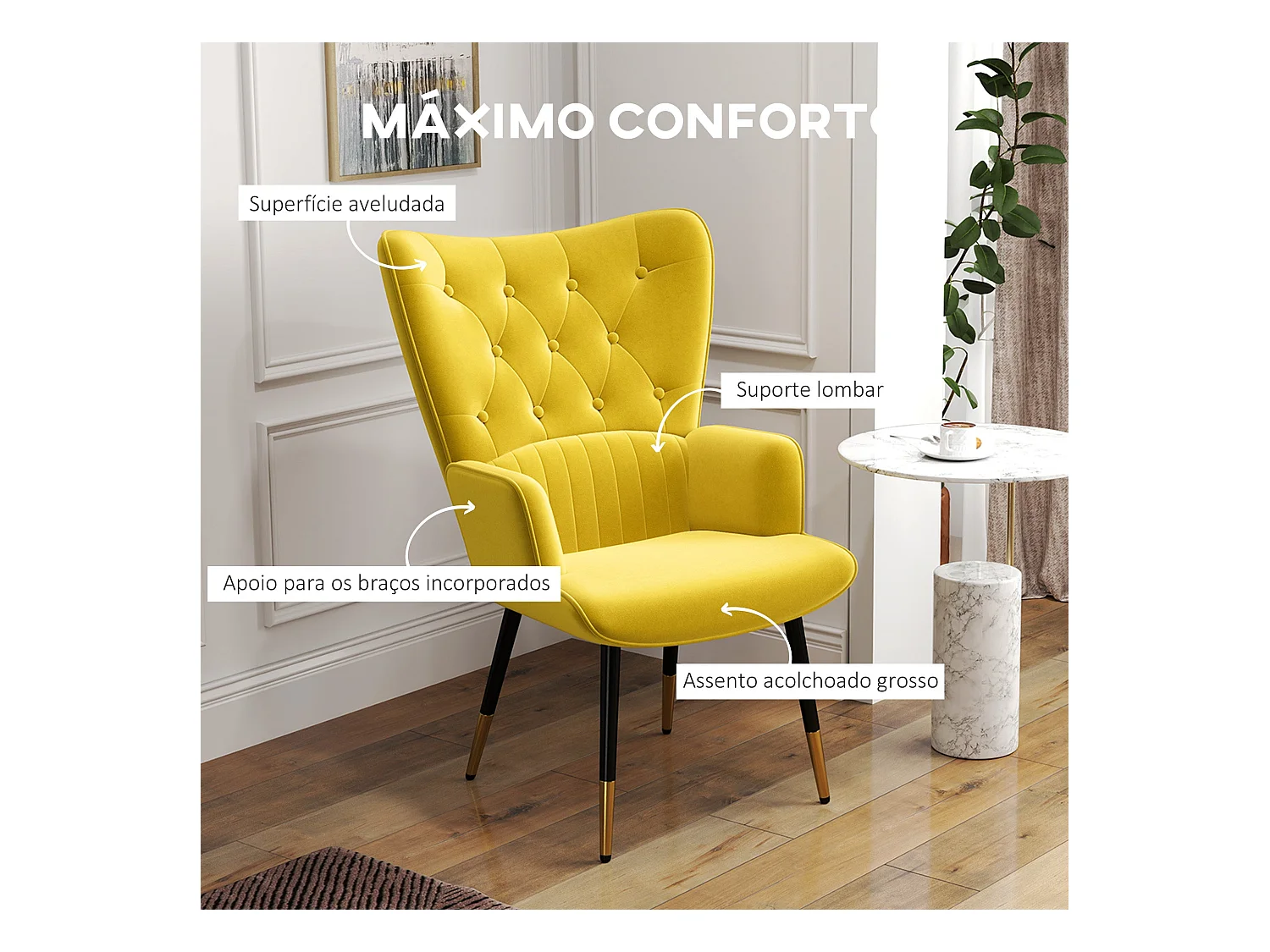 Poltrona Land Individual Estofada em Veludo Amarelo com Encosto Alto e Pés de Aço