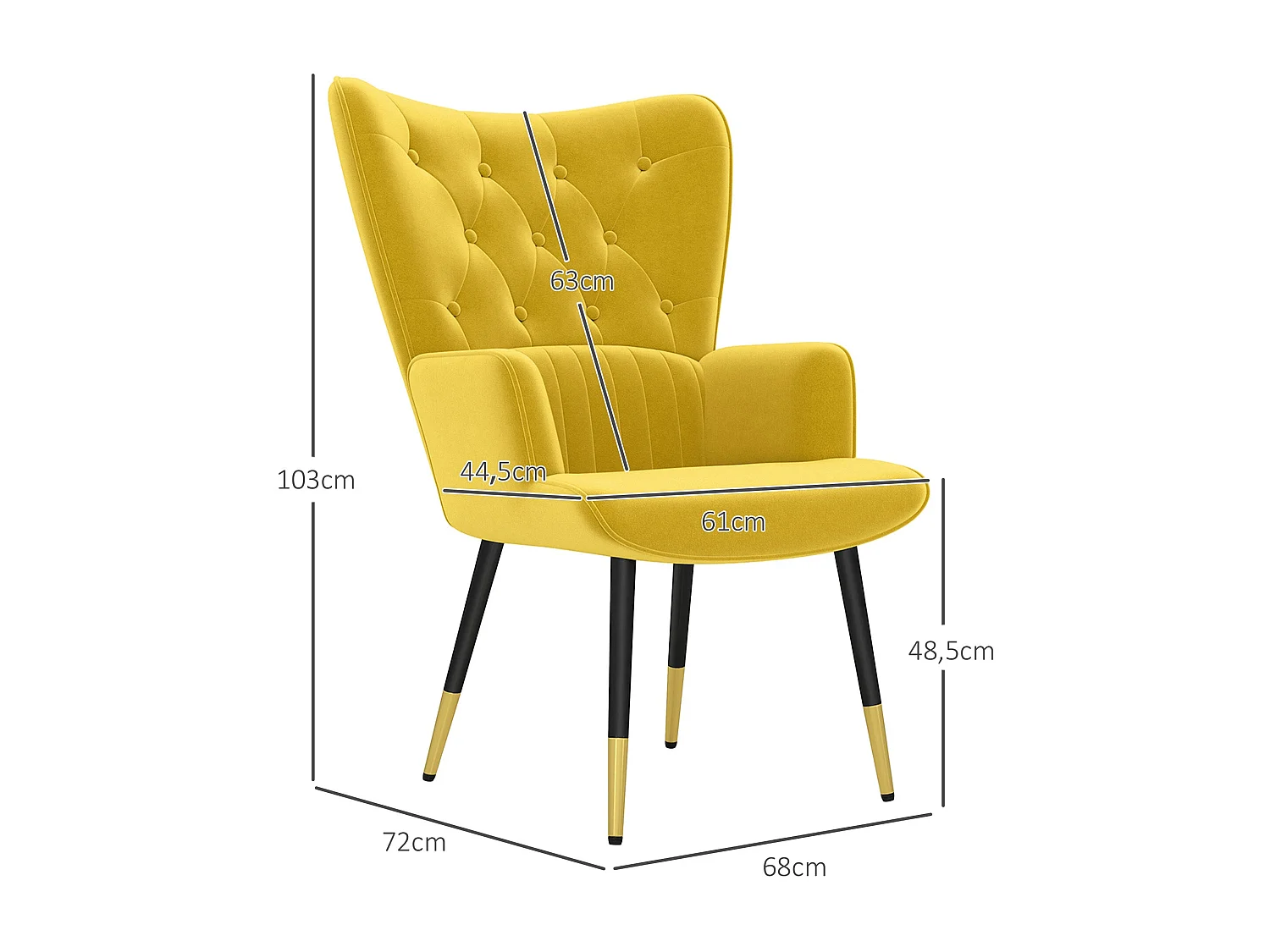 Butaca Stela Homcom tapizado en terciopelo amarillo 103x68x72 cm