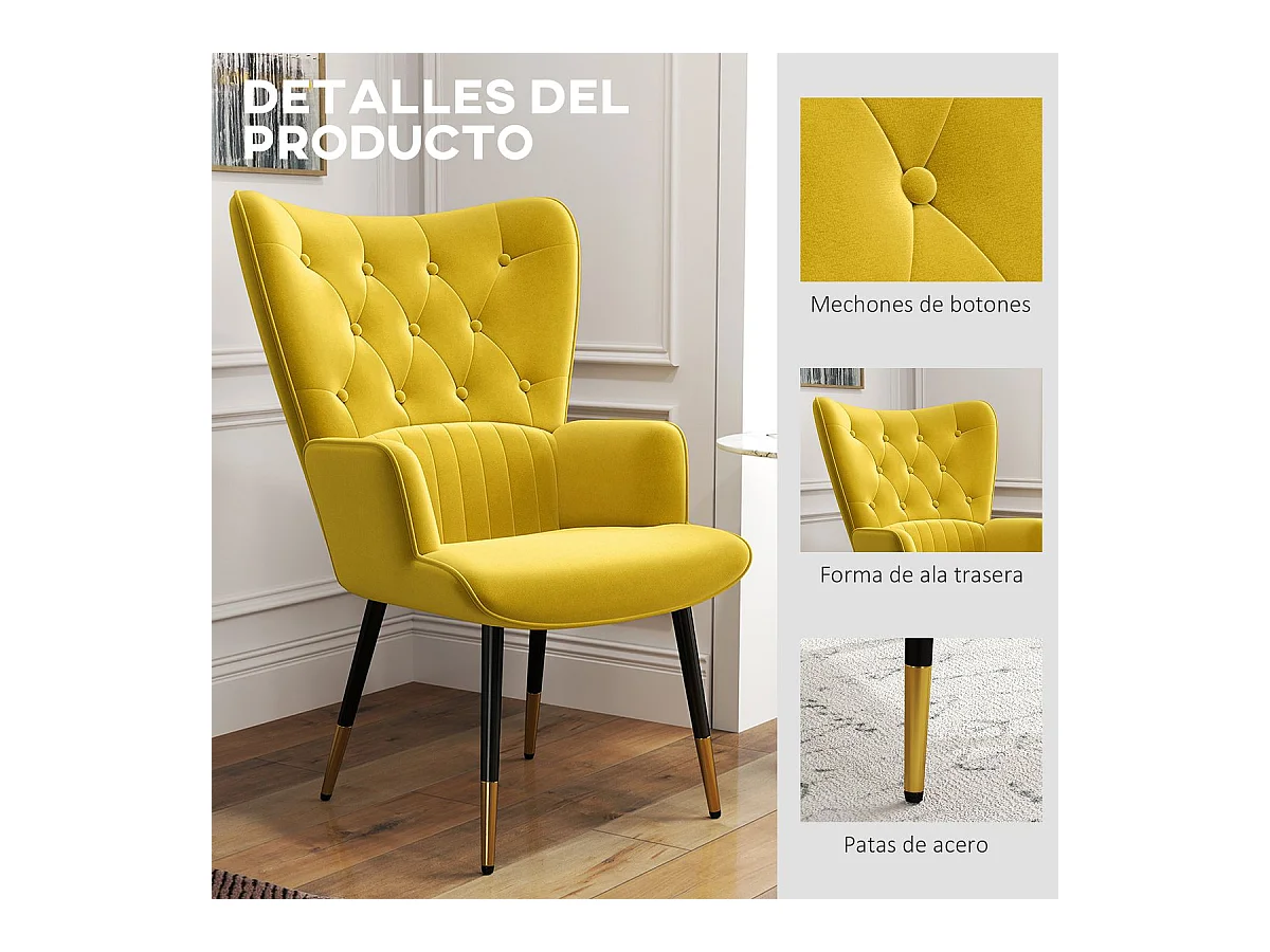 Butaca Stela Homcom tapizado en terciopelo amarillo 103x68x72 cm