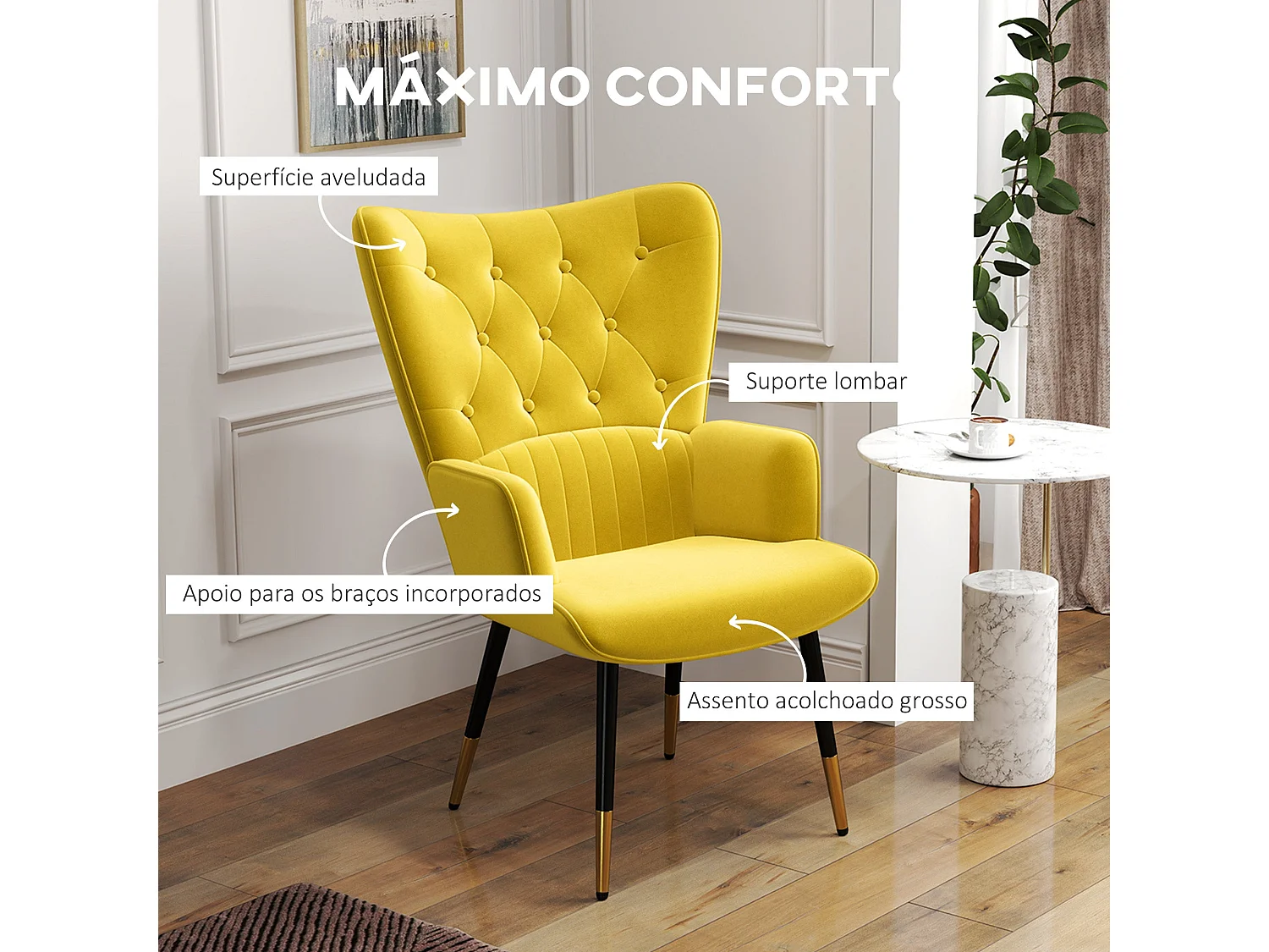 Butaca Stela Homcom tapizado en terciopelo amarillo 103x68x72 cm