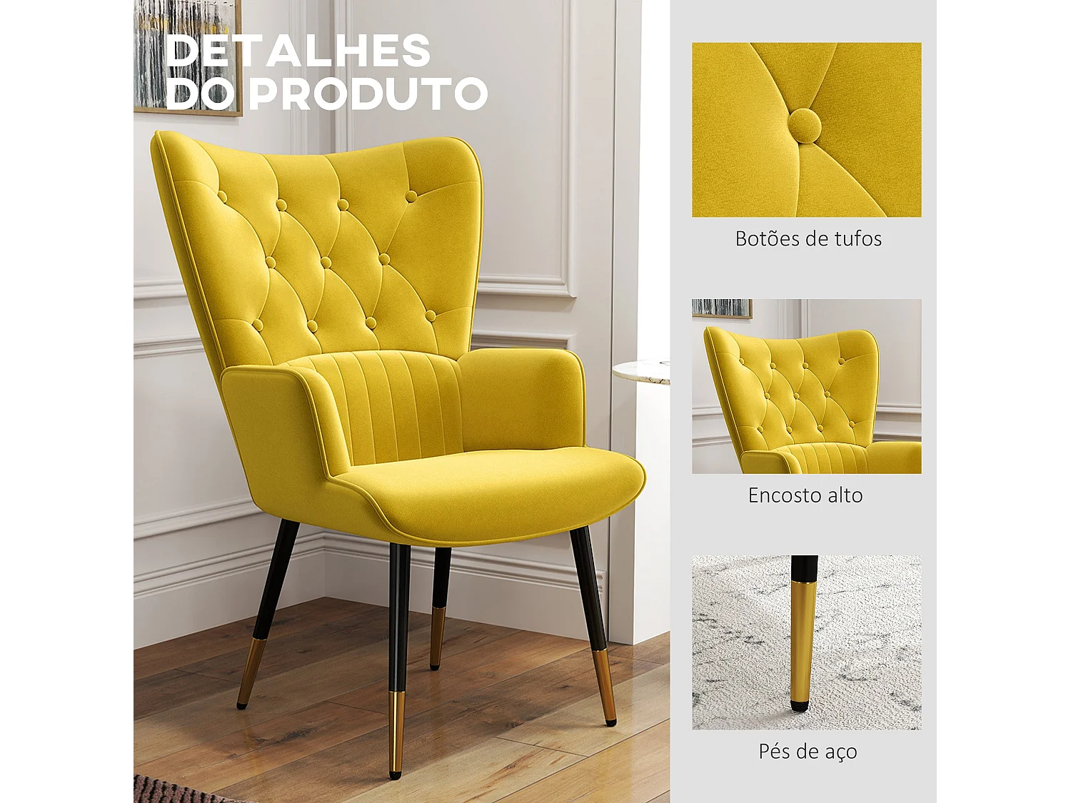 Butaca Stela Homcom tapizado en terciopelo amarillo 103x68x72 cm