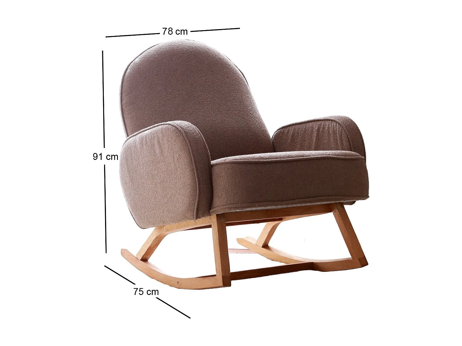 Fauteuil à bascule rembourré, avec accoudoirs Anton Tissu bouclette Marron et Bois massif Naturel