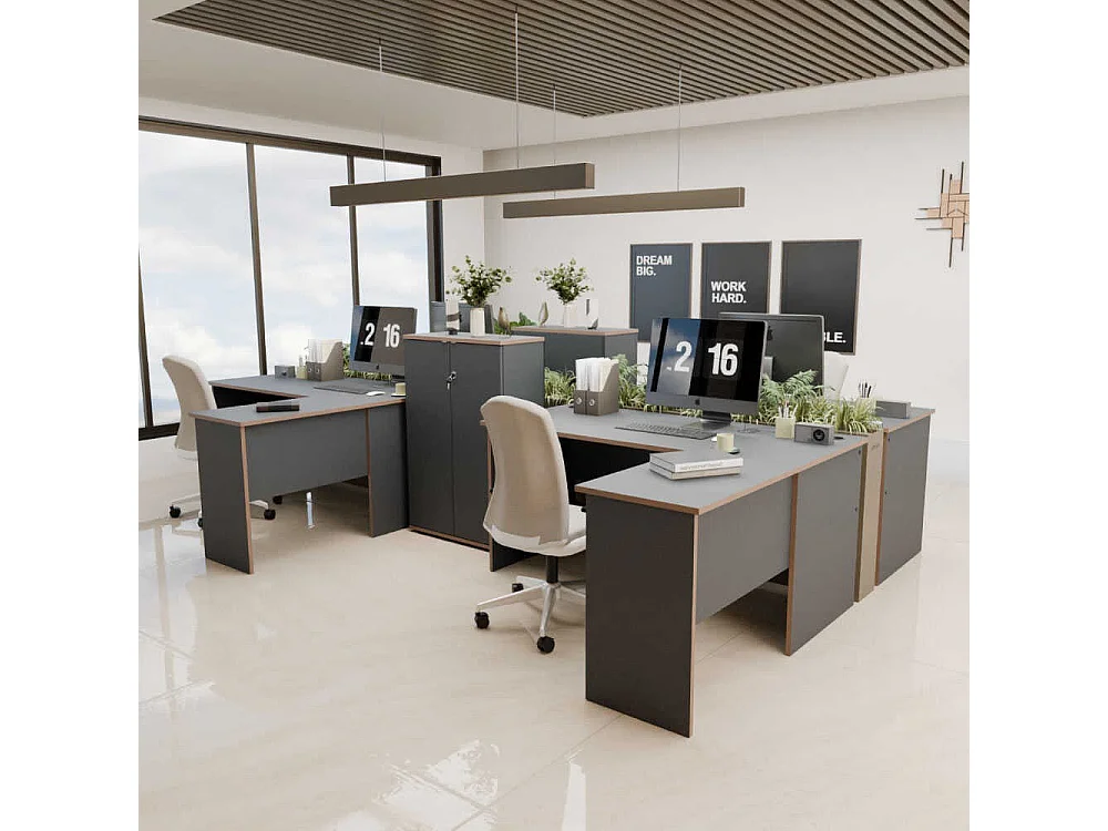 Secretária de Canto Executive - Design Moderno em Antracite e Carvalho - 160 x 75 x 144 cm