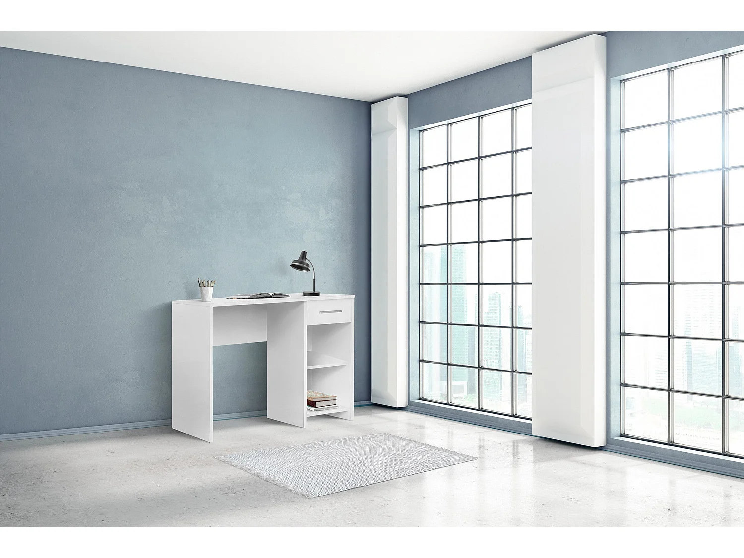 Secretária Moderna "Focus" com Gaveta e Prateleiras - 90 x 75 x 55 cm - Branca