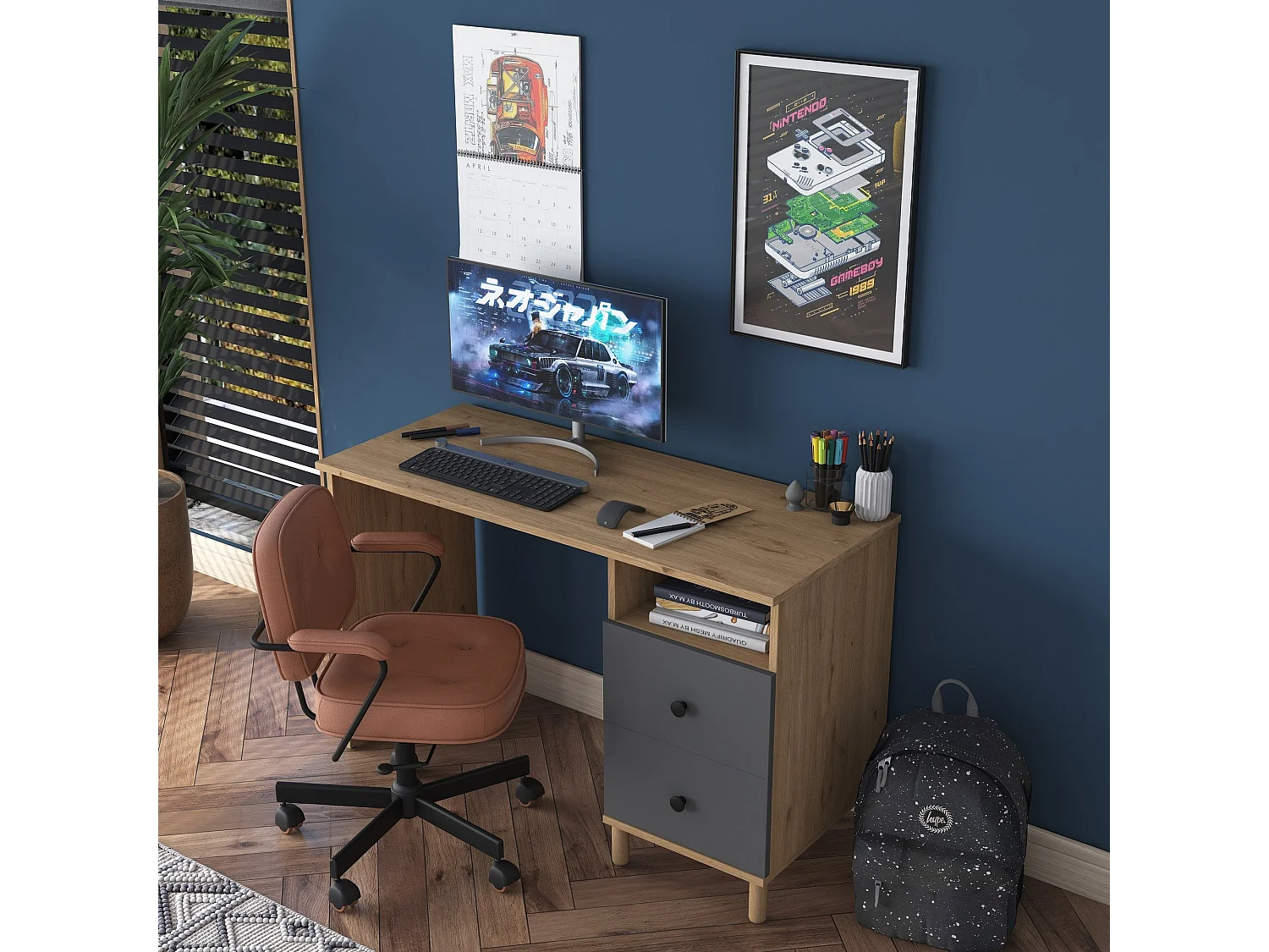 Secretária de Estudo Moderna "Grand" em Nogueira e Antracite - 120x50x73,8 cm