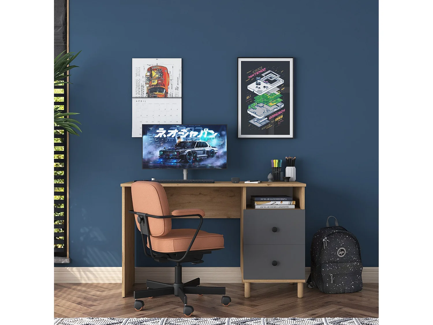 Secretária de Estudo Moderna "Grand" em Nogueira e Antracite - 120x50x73,8 cm