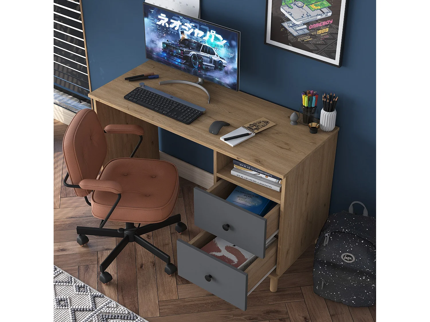 Secretária de Estudo Moderna "Grand" em Nogueira e Antracite - 120x50x73,8 cm