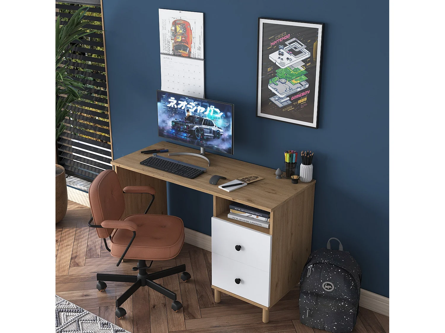 Secretária de Estudo Moderna 'Grand' em Nogueira e Branco – Ideal para Maximizar Espaços de Trabalho