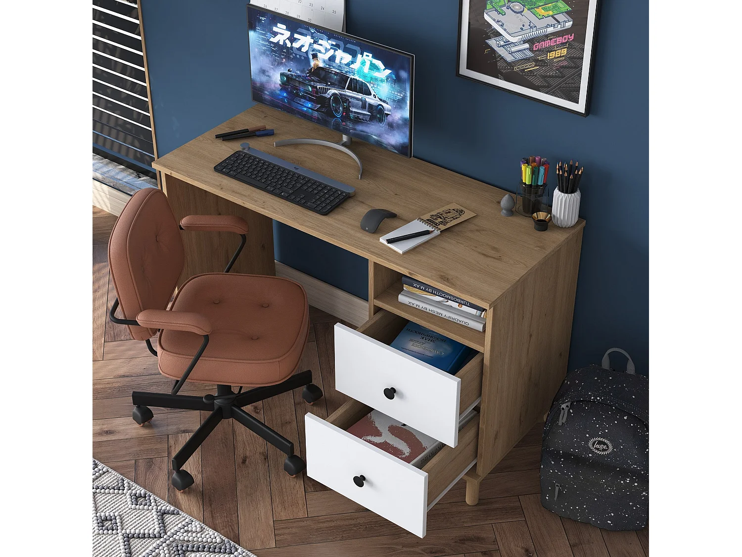 Secretária de Estudo Moderna 'Grand' em Nogueira e Branco – Ideal para Maximizar Espaços de Trabalho