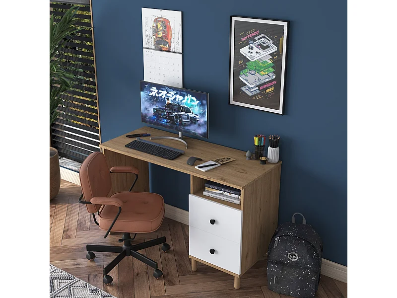 Secretária de Estudo Moderna 'Grand' em Nogueira e Branco – Ideal para Maximizar Espaços de Trabalho