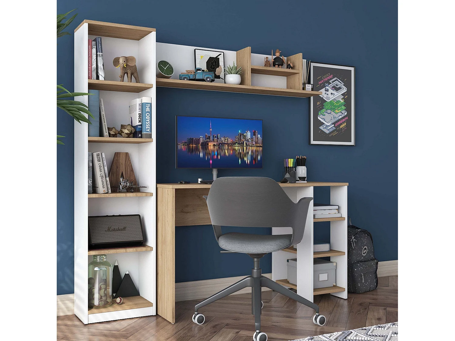 Secretária Moderna "Steven" E-1 com Prateleiras - 120 x 161.8 x 50 cm - Nogueira e Branco