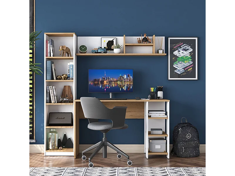 Secretária Moderna "Steven" E-1 com Prateleiras - 120 x 161.8 x 50 cm - Nogueira e Branco