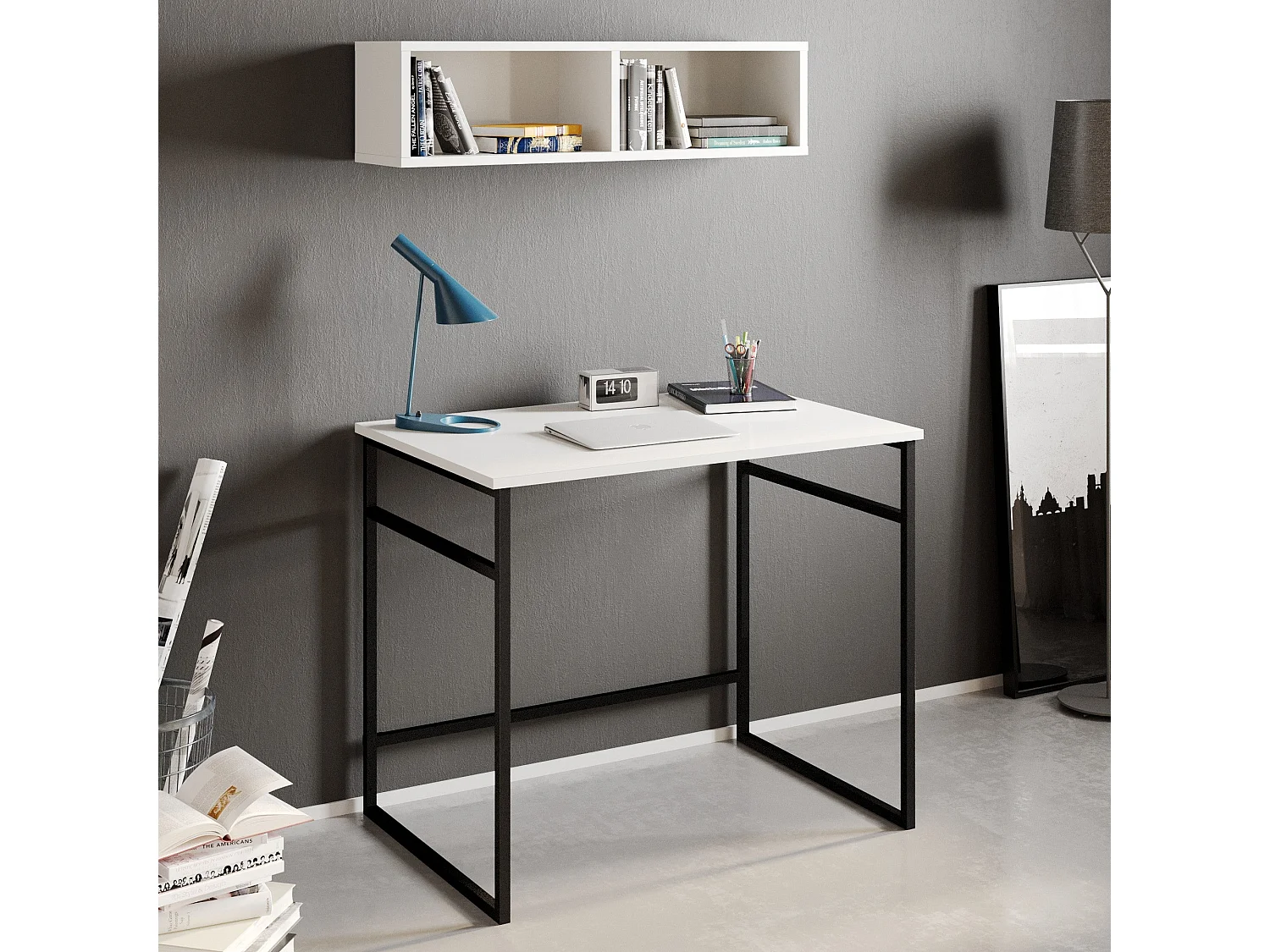 Secretária de Estudo Elegante em Branco e Preto para um Ambiente de Trabalho Inspirador