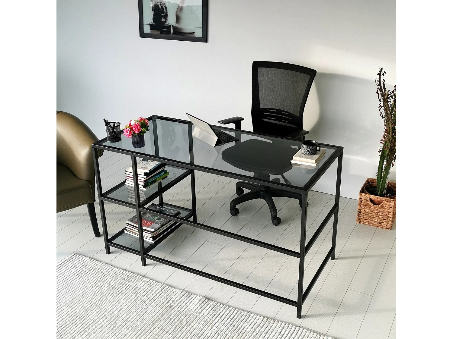 Scrivania da ufficio Asheboro 129, 75x13x60cm, Nero