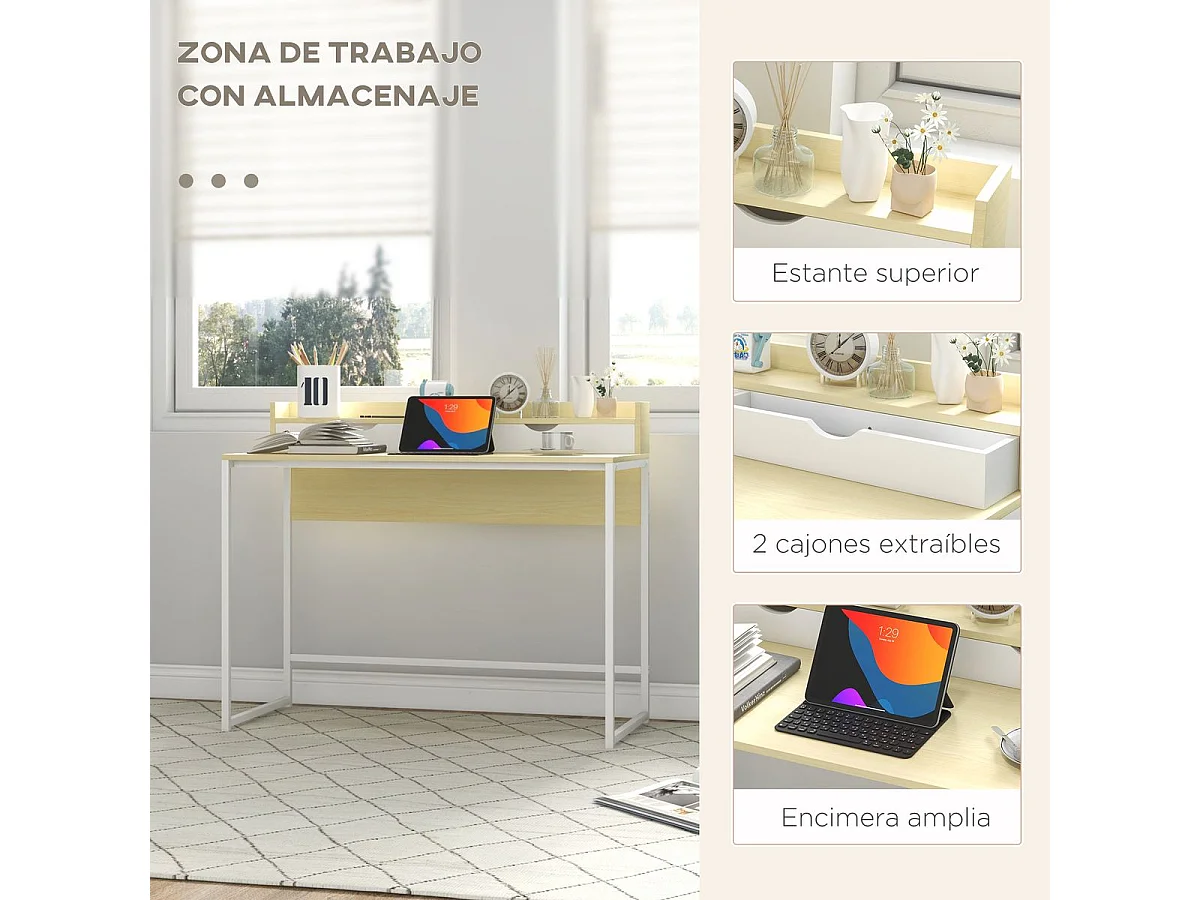 Secretária Moderna HOMCOM para Escritório com Estante e 2 Gavetas Removíveis em Branco