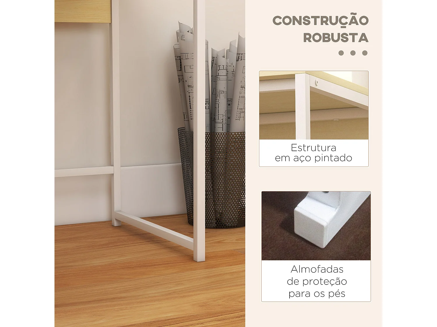 Mesa de escritorio Rettro Homcom 2 cajones + estante blanco/natural 89x106x50 cm