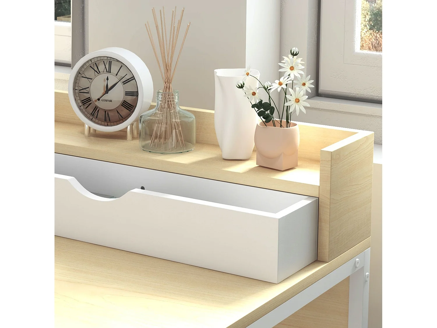 Mesa de escritorio Rettro Homcom 2 cajones + estante blanco/natural 89x106x50 cm