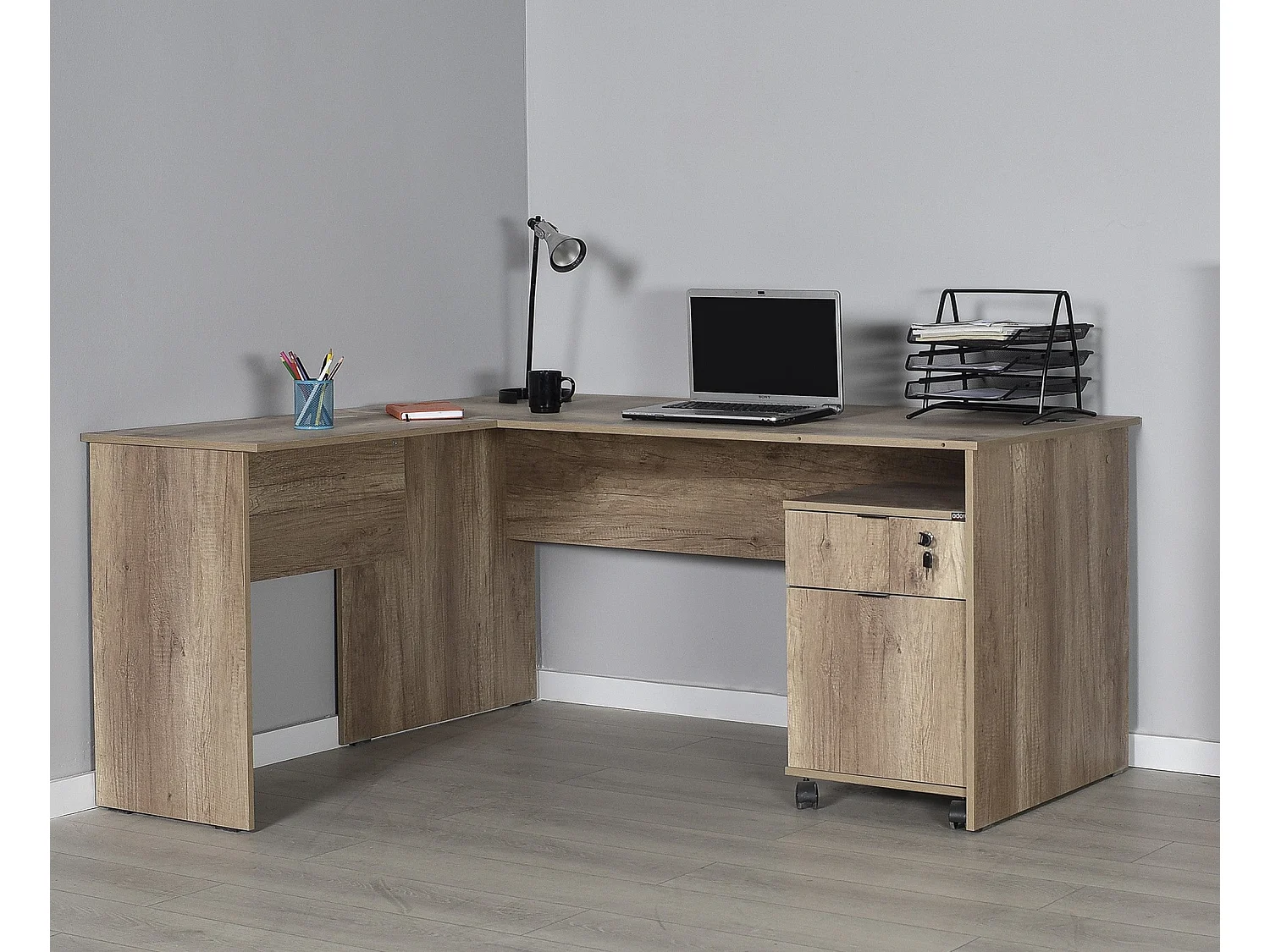 Secretária de Estudo Baltimore - Design Moderno em Nogueira Clara, 160x144x75 cm