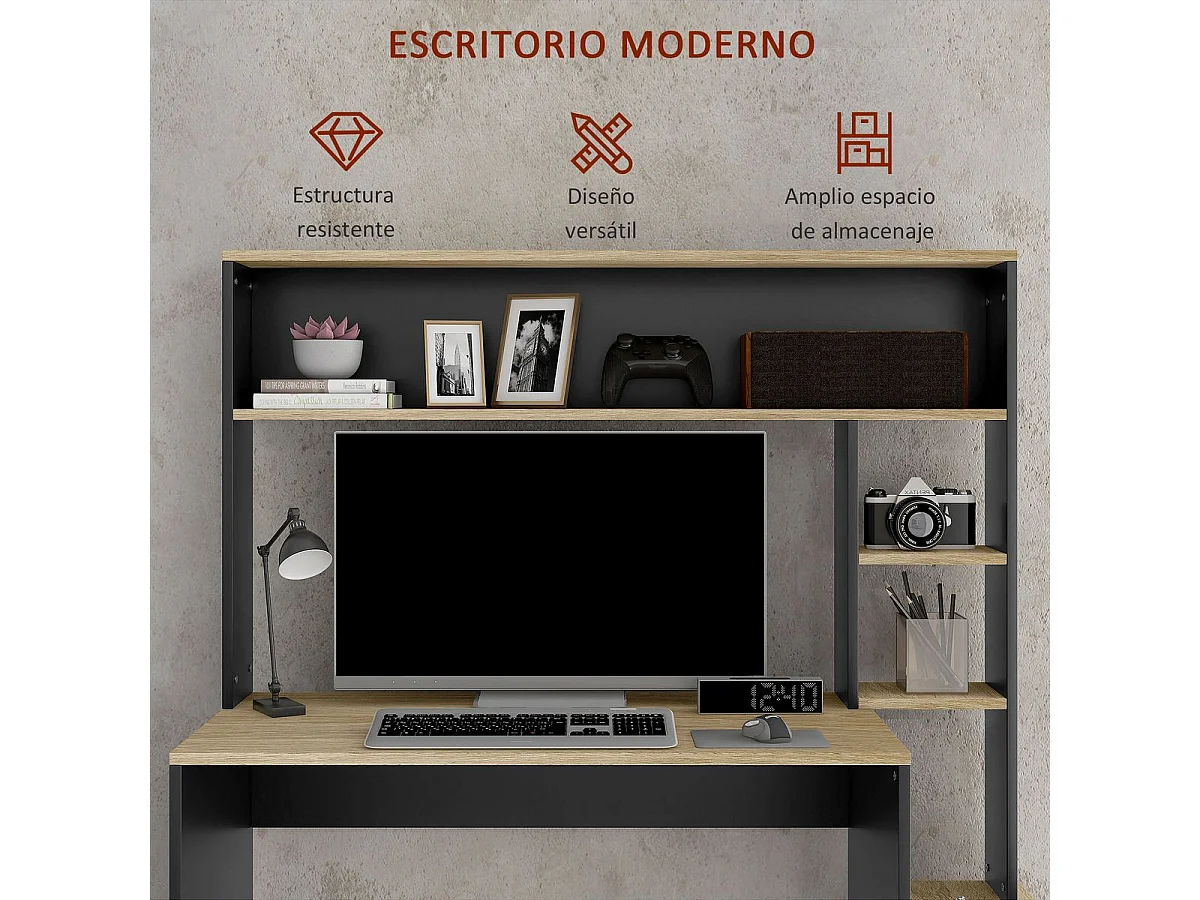 Secretária para Computador HOMCOM com Prateleira Superior e Suporte para CPU - Cinza e Natural