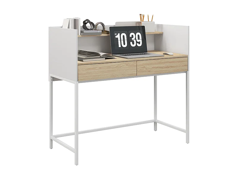Mesa de Escritório HOMCOM Moderna com 2 Gavetas e Prateleira em Branco e Carvalho - 106x51,5x102,5 cm