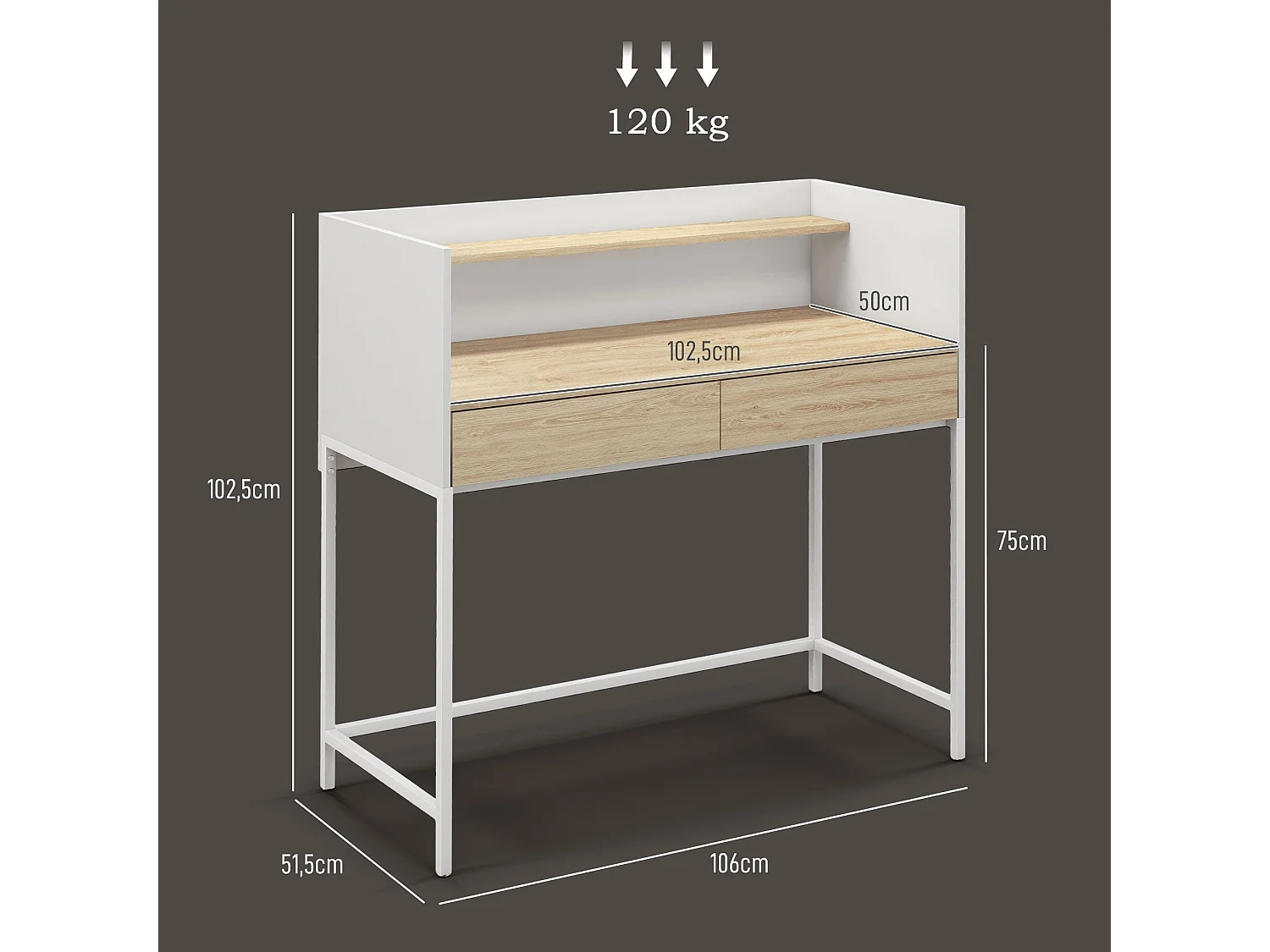 Mesa de Escritório HOMCOM Moderna com 2 Gavetas e Prateleira em Branco e Carvalho - 106x51,5x102,5 cm