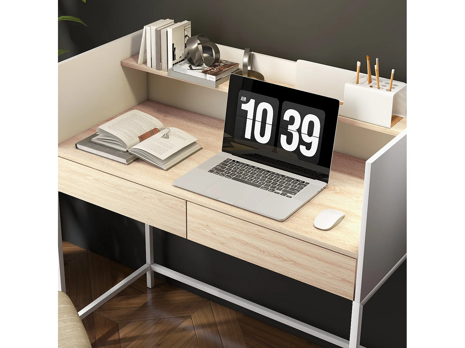 Mesa de Escritório HOMCOM Moderna com 2 Gavetas e Prateleira em Branco e Carvalho - 106x51,5x102,5 cm