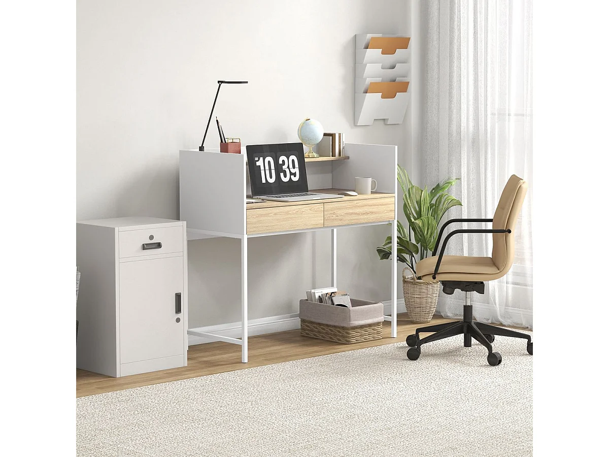 Mesa de Escritório HOMCOM Moderna com 2 Gavetas e Prateleira em Branco e Carvalho - 106x51,5x102,5 cm