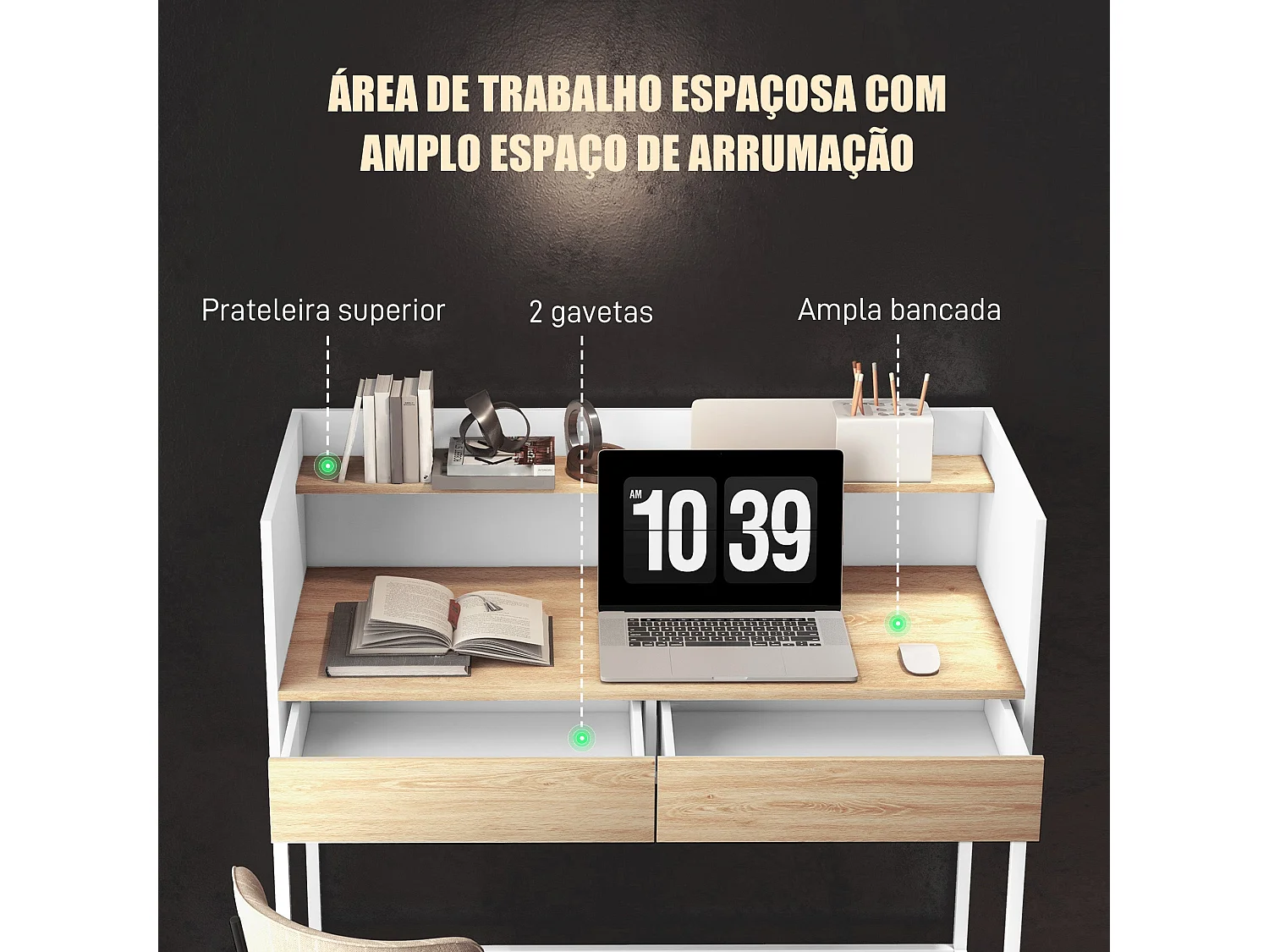 Mesa de Escritório HOMCOM Moderna com 2 Gavetas e Prateleira em Branco e Carvalho - 106x51,5x102,5 cm